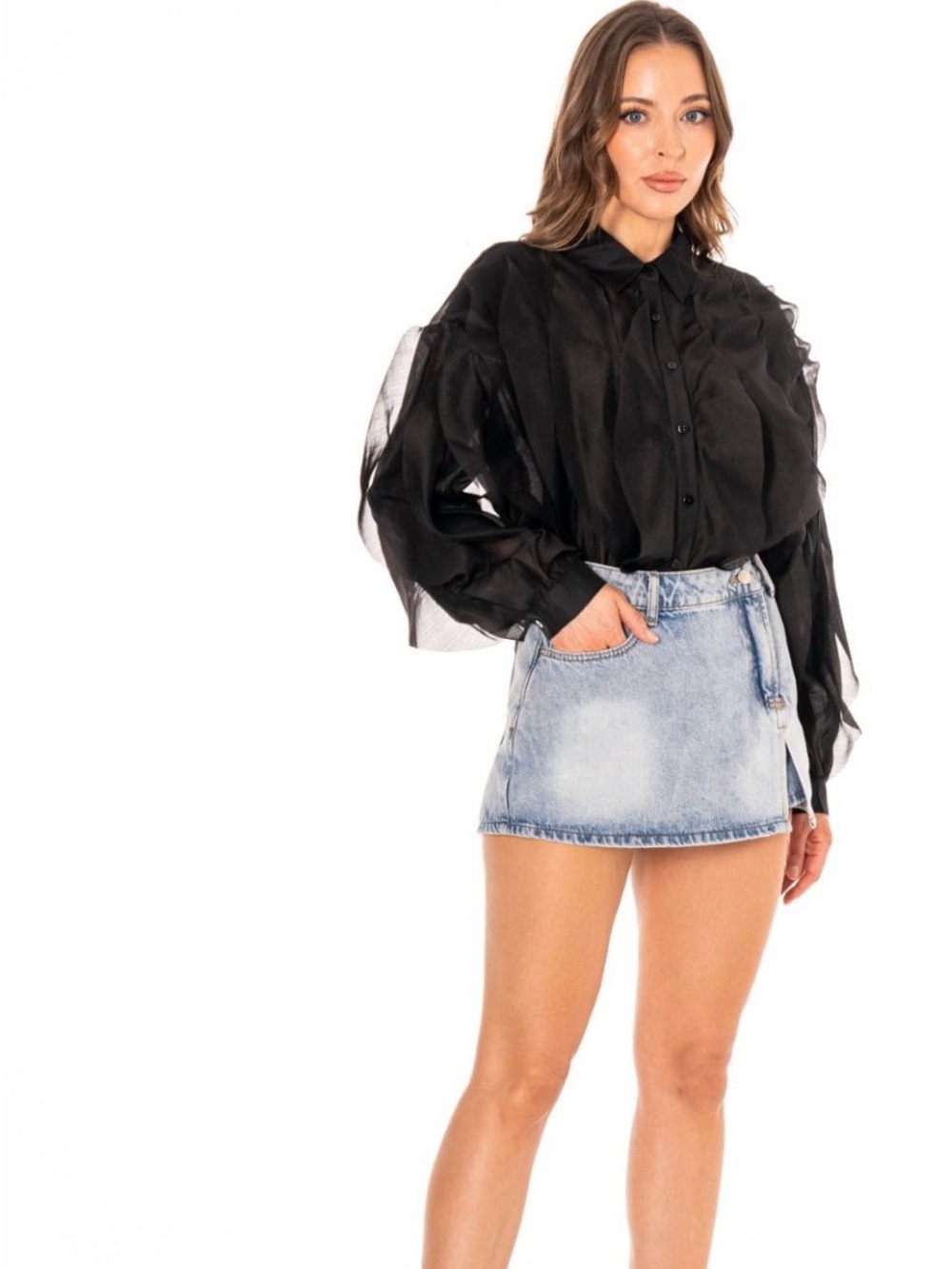 Chic Black Organza Sleeve Statement Blouse